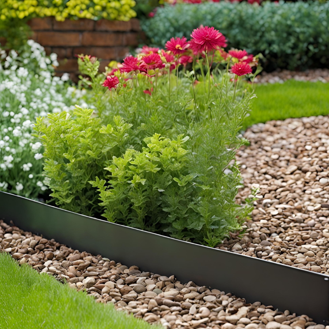 Bordure en metal dans un jardin pour séparer les plantes